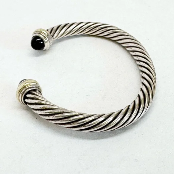 David Yurman 7mm Cable Classic Cuff Bracelet Black Onyx .925 14K - Picture 3 of 11